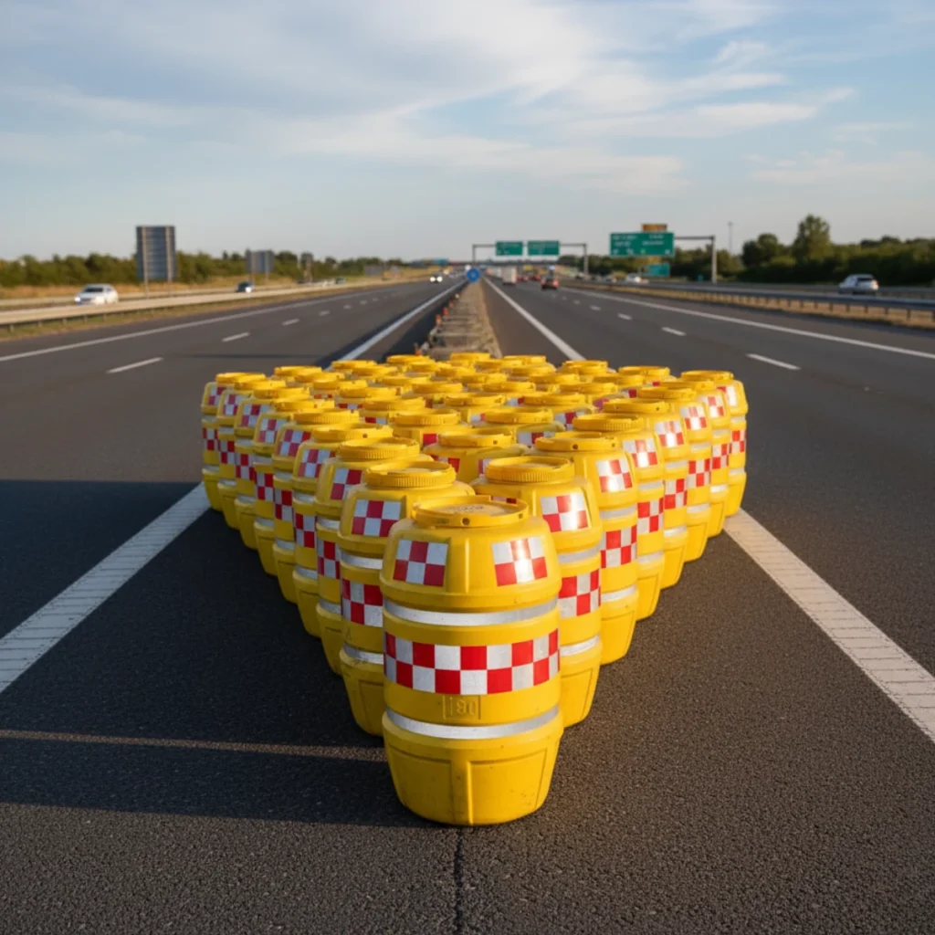 Conjunto de barriles amarillos dispuestos en forma triangular como amortiguadores de impacto no redireccionables en carretera de alta velocidad.