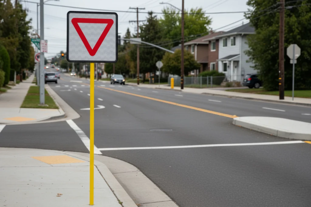 Señal ceda el paso instalada en cruce urbano para indicar prioridad de tránsito y mejorar la seguridad vial.