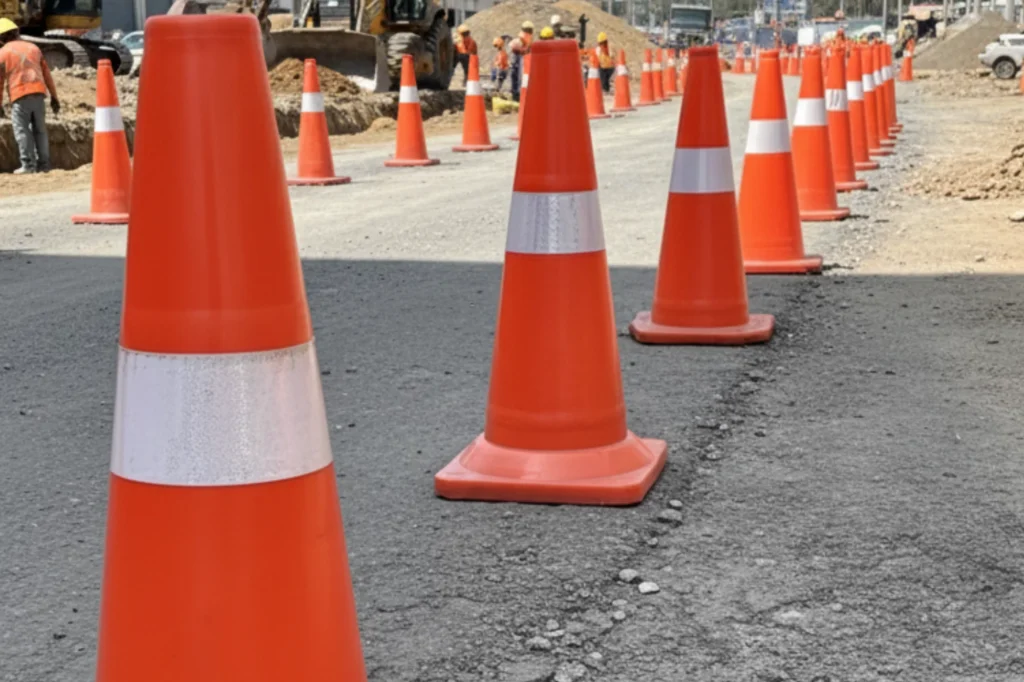 Conos viales naranjas alineados para desviar el tránsito en zona de construcción conforme a la NOM-086-SCT2-2015.
