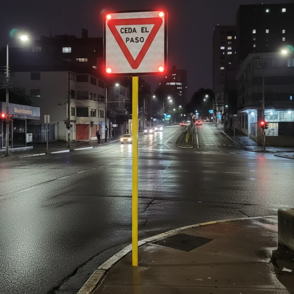 Dispositivo vial que indica al conductor reducir la velocidad y ceder el paso en una intersección sin semáforo