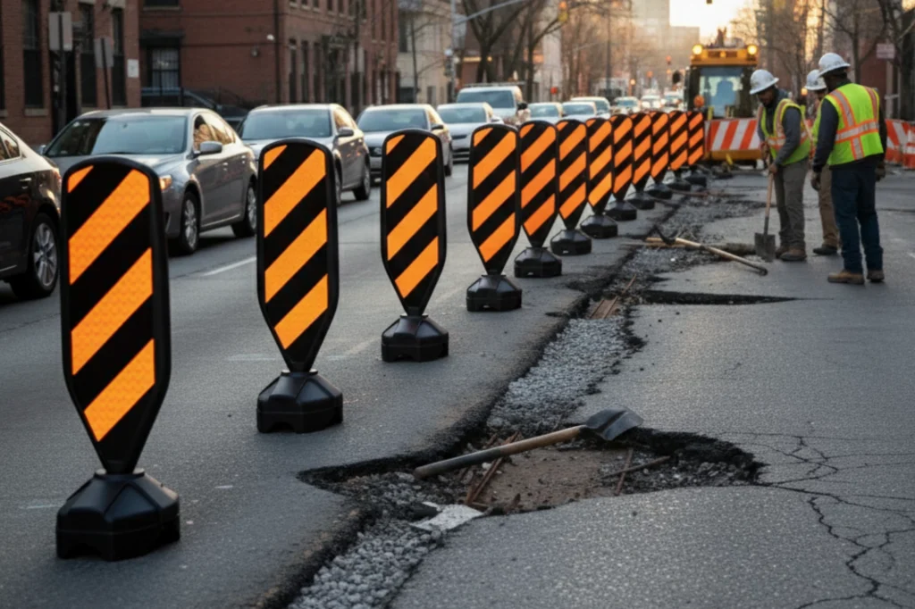 Señalización en obras viales urbanas con dispositivos de protección vial temporales.