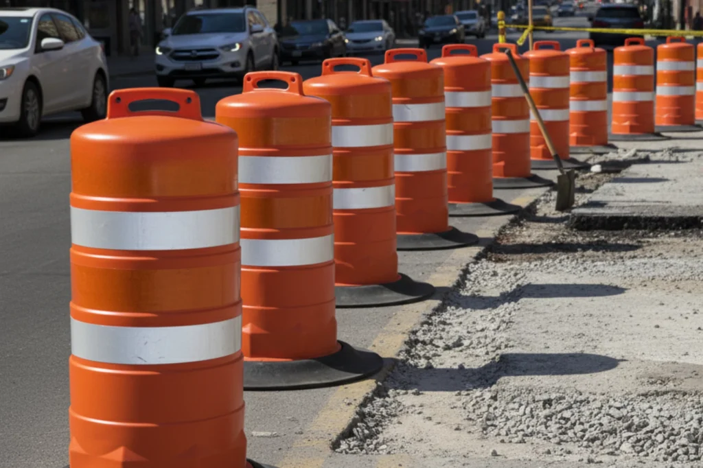 Trafitambo naranja como dispositivo de señalización en obras viales para desviar autos de baches.