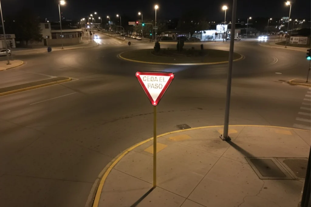 Señal de prioridad con tecnología LED solar, diseñada para aumentar la visibilidad nocturna en cruces y glorietas.