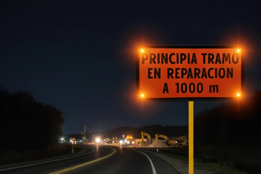 Señalización en obras temporales que indica tramo en reparación, conforme a norma de seguridad vial.
