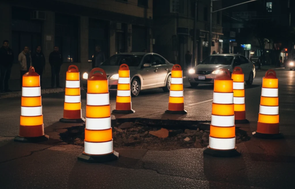 Dispositivos de protección vial usados en trabajos de pavimento urbano conforme a normativa de tránsito.