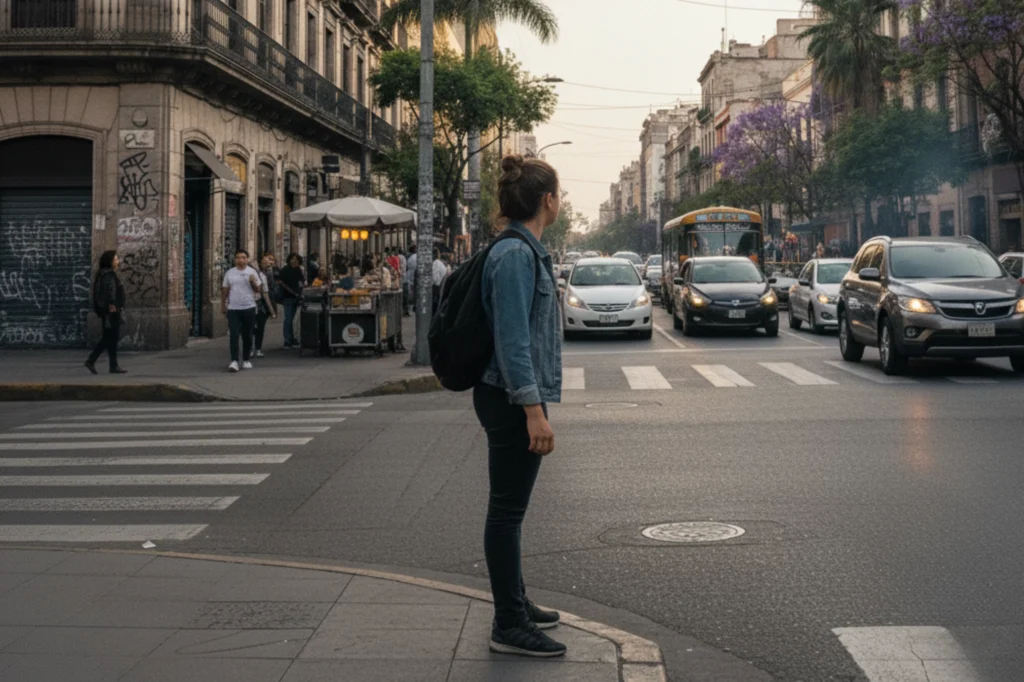 Persona detenida en la banqueta antes de pasar la calle en un cruce urbano con vehículos aproximándose
