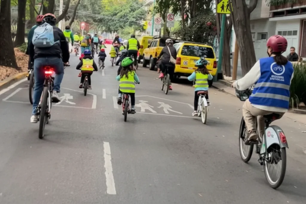 Ruta escolar en bicicleta con estudiantes y acompañantes avanzando por una calle señalizada en horario matutino.