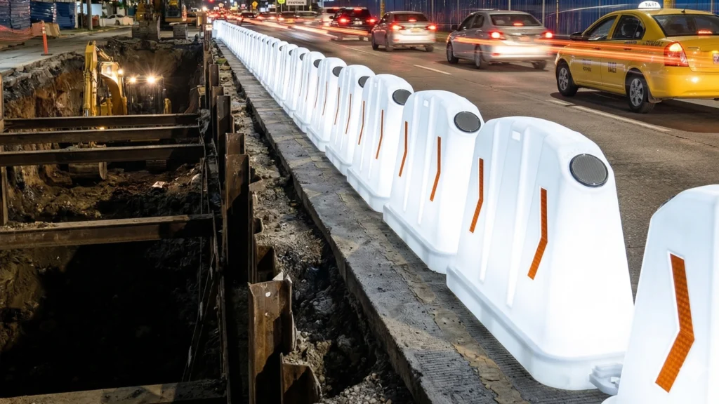 Barrera de seguridad Robust 835 solar delimitando obra vial nocturna con alta visibilidad LED