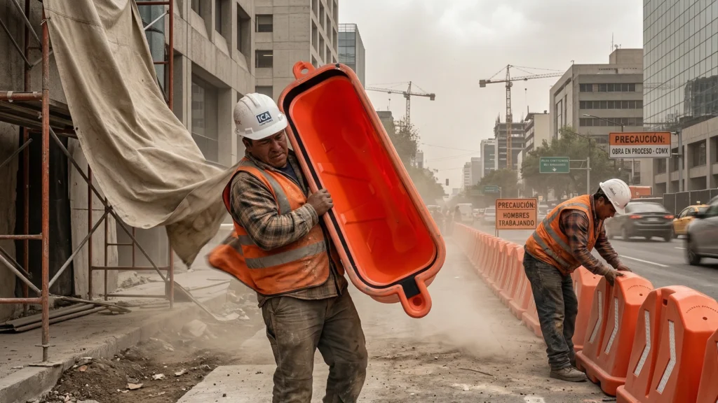 Barrera vial Robust 700 en instalación durante obra urbana, mostrando su impacto en la seguridad y control del tránsito en condiciones reales