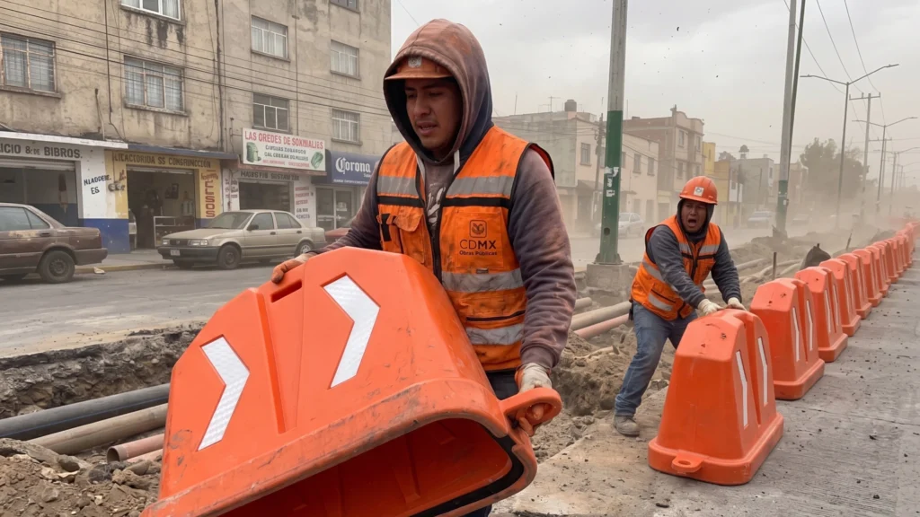 Barrera vial Robust 700 en instalación durante obra urbana, mostrando su impacto en la seguridad y control del tránsito en condiciones reales