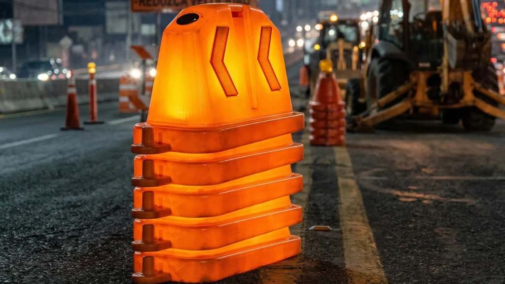 Barreras viales luminosas tipo New Jersey con iluminación LED en obra urbana nocturna