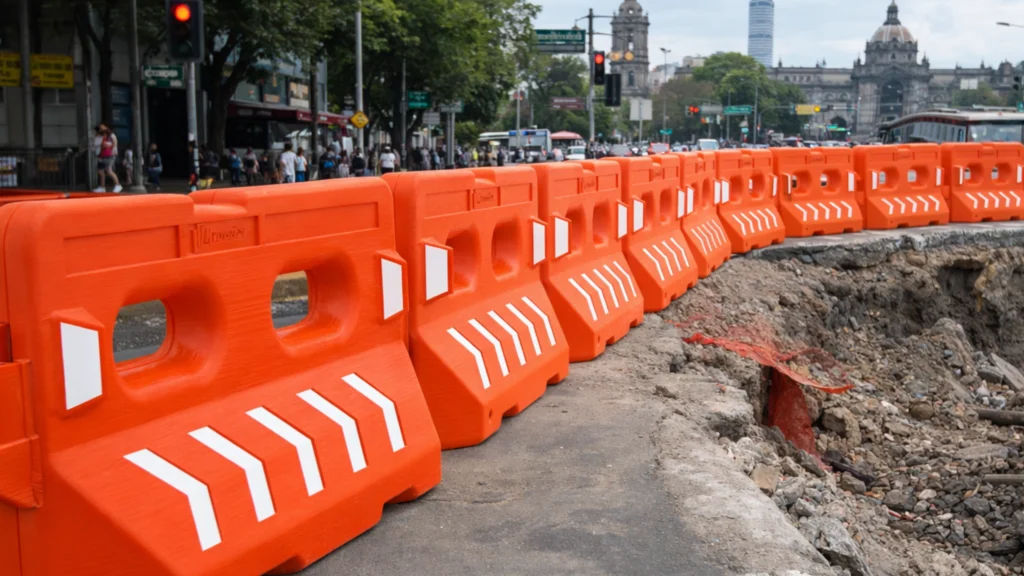 Fila de barreras Bulldog de color naranja brillante delimitando con precisión una zona de obras en una avenida concurrida, separando el tráfico vehicular del área de trabajo.