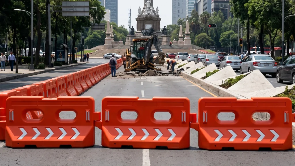 Barrera vial Bulldog s70 instalada en una calle residencial durante una reparación de pavimentación, delimitando el área segura para los trabajadores y alertando a los peatones.
