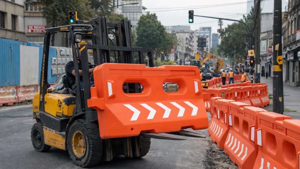 Un montacarga levanta y transporta una barrera de protección Bulldog para reubicarla, demostrando su facilidad de manipulación y uso en la señalización para delimitar perímetros de seguridad.