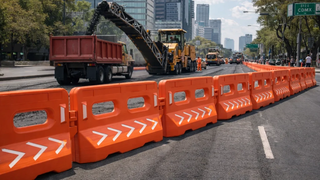 Uso de la barrera vial Bulldog s81 para delimitar de forma efectiva una zona de trabajo con maquinaria pesada en una avenida principal.
