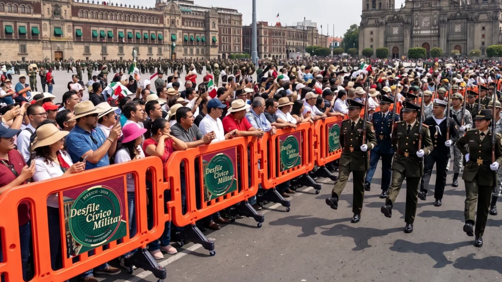 Una densa multitud de espectadores observando un desfile militar en el Zócalo de la CDMX, ordenados detrás de una hilera de barreras multiusos naranjas durante un evento masivo.