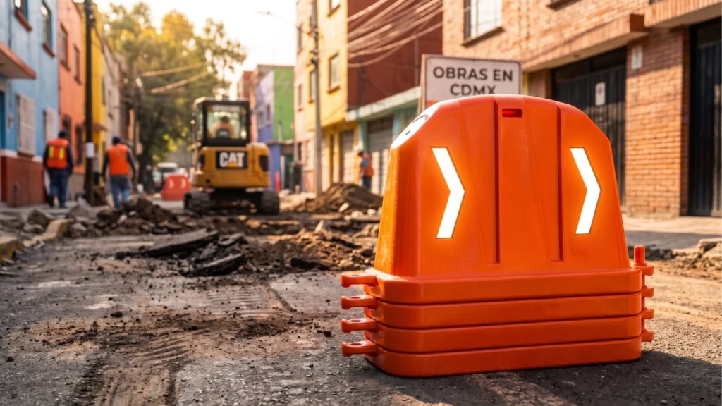 Barrera de protección Robust 835 anidable en obra vial en CDMX con maquinaria y señalización activa