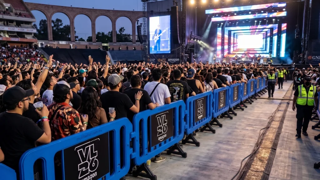 Miles de fanáticos en el foro de un concierto Vive Latino '26 en México, confinados por una línea de barreras para control de multitudes azules durante una concentración masiva en un recinto a gran escala.