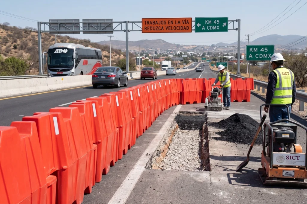 cierre de vialidades en carretera con barreras plásticas delimitando zona de obra y maquinaria trabajando