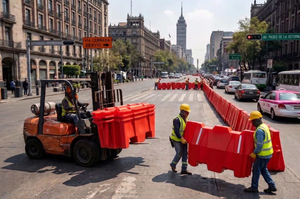 cierre de vialidades en ciudad con instalación de barreras viales para desvío de tráfico en zona urbana