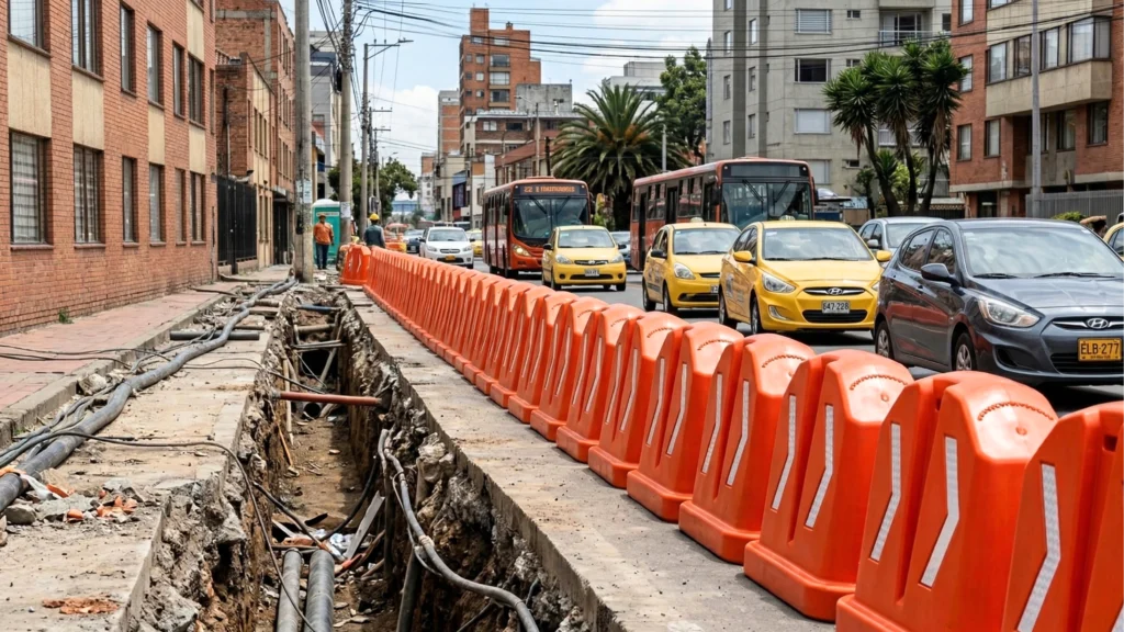 Barrera anidable en obra vial urbana, optimizando espacio y mejorando la seguridad en zonas de construcción y tránsito peatonal