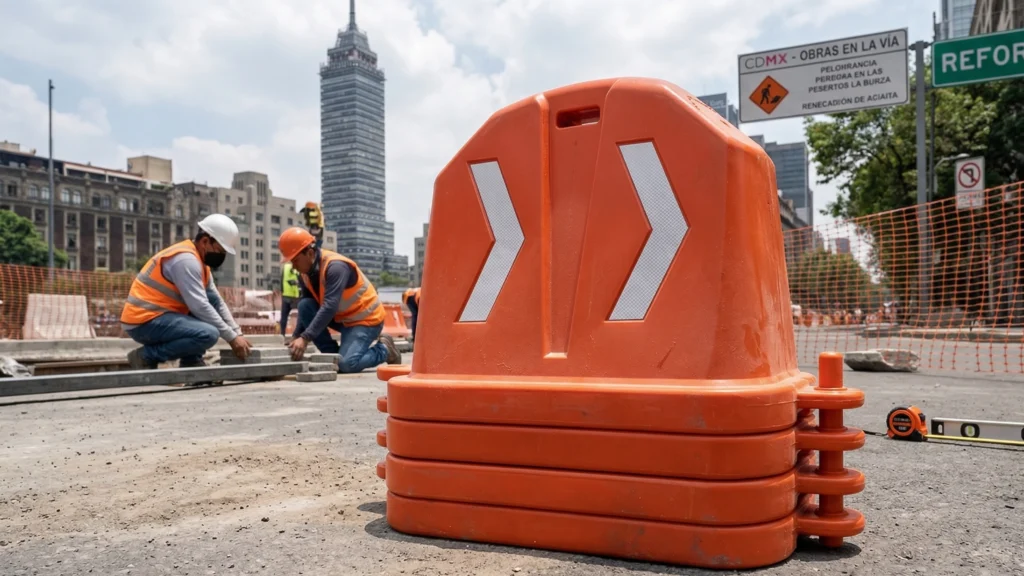 Barrera vial Robust 700 alineada en vialidad con alto flujo vehicular, destacando su impacto en la seguridad y organización del entorno