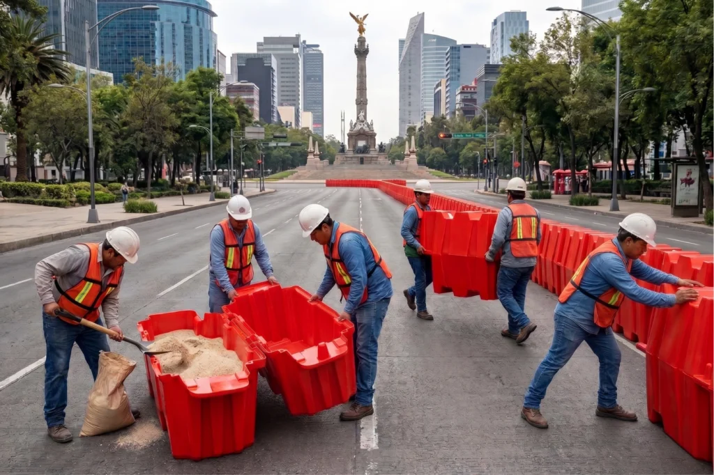 cierre de vialidades en ciudad con instalación de barreras viales para desvío de tráfico en zona urbana