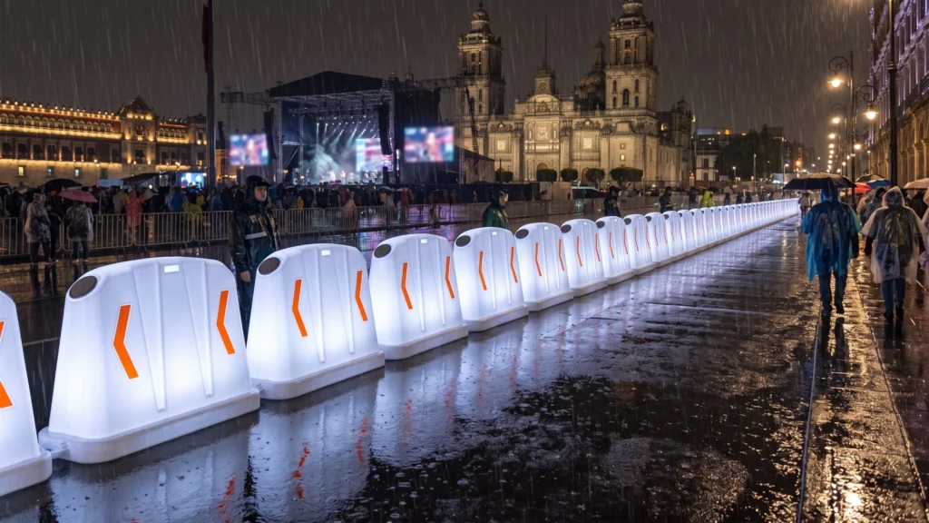 Barrera de seguridad Robust 835 solar instalada en evento nocturno guiando el flujo peatonal
