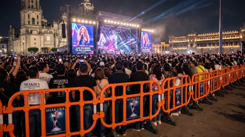 Marea de fans de Shakira de espaldas en el Zócalo de Ciudad de México, viendo el concierto en pantallas gigantes, separados por vallas de seguridad naranjas con posters promocionales.