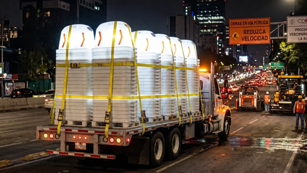 Barrera anidable con luz led transportada en camión para instalación en señalización vial nocturna