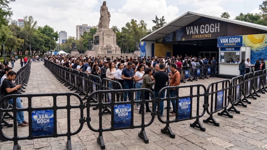 Fila ordenada de personas esperando entrar a la exhibición "Van Gogh Experience" en la Ciudad de México, guiados por vallas de seguridad negras con carteles del artista.