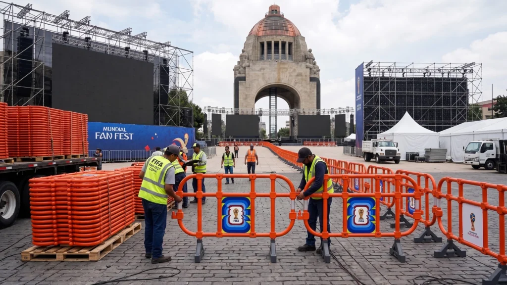 Cuatro trabajadores con chalecos de seguridad mueven y alinean filas de barreras tubulares naranjas de polietileno en una gran plaza pavimentada de Ciudad de México, preparándose para contener a las futuras multitudes de un evento masivo del "FIFA Fan Fest", frente a pantallas gigantes y carpas blancas. Barricadas adicionales con logotipos de la FIFA están presentes en palés cercanos, listas para su instalación perimetral.