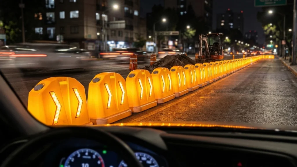 Barrera con luz LED iluminando zona de obra nocturna con alta visibilidad y seguridad vial
