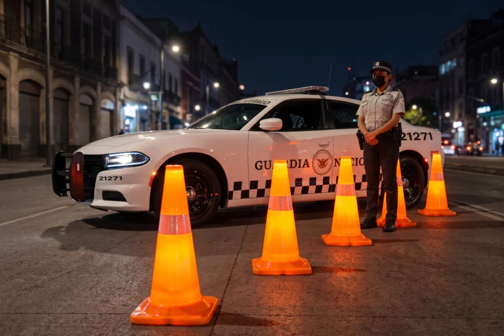 Conos de precaución altamente visibles alineados en una calle de ciudad de noche, frente a una patrulla de policía y una oficial de seguridad, demostrando la eficacia de la señalización del Cono Lux 75