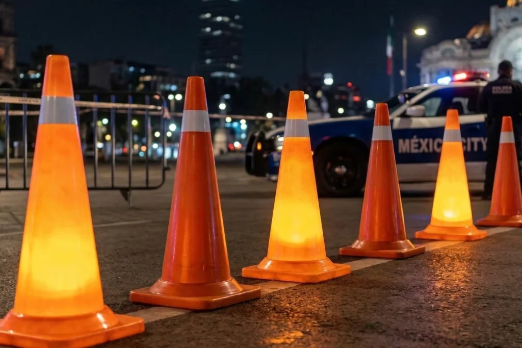 Conoflex en uso real protegiendo zona de obra vial con alta visibilidad nocturna y control de tráfico