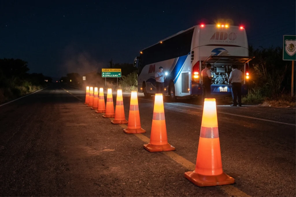 Fila de conos de precaución con iluminación LED marcando un perímetro seguro alrededor de un autobús con el compartimento del motor abierto en una carretera de noche, ideal para el Cono Lux 75.