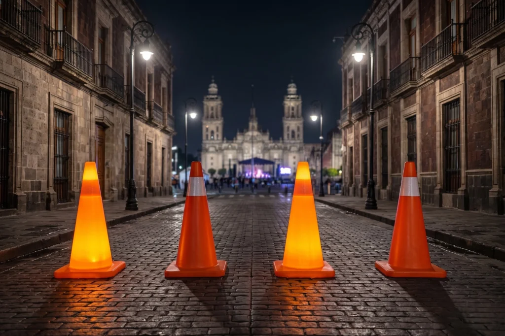 Cono vial con luz iluminando calle del centro histórico de noche para señalización preventiva urbana