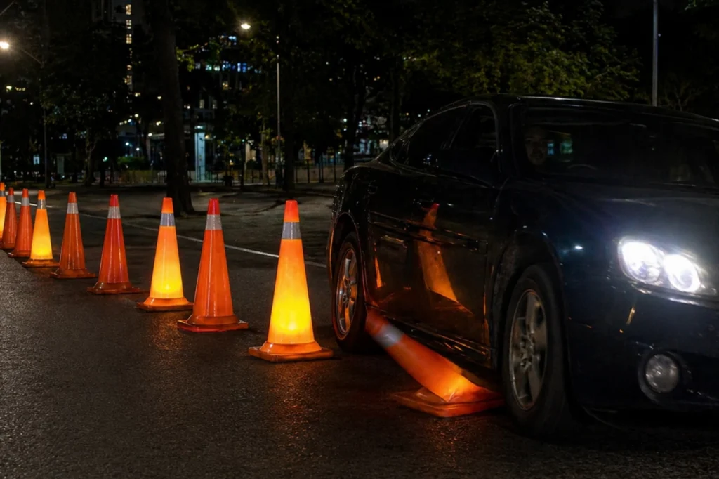 Conoflex solar 91s con luz LED delimitando carril en calle de Ciudad de México durante la noche