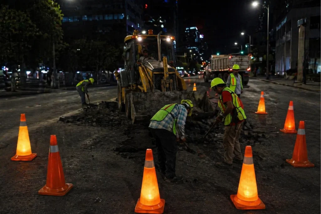 cono solar con luz LED señalizando reparación vial con trabajadores y maquinaria en operación nocturna