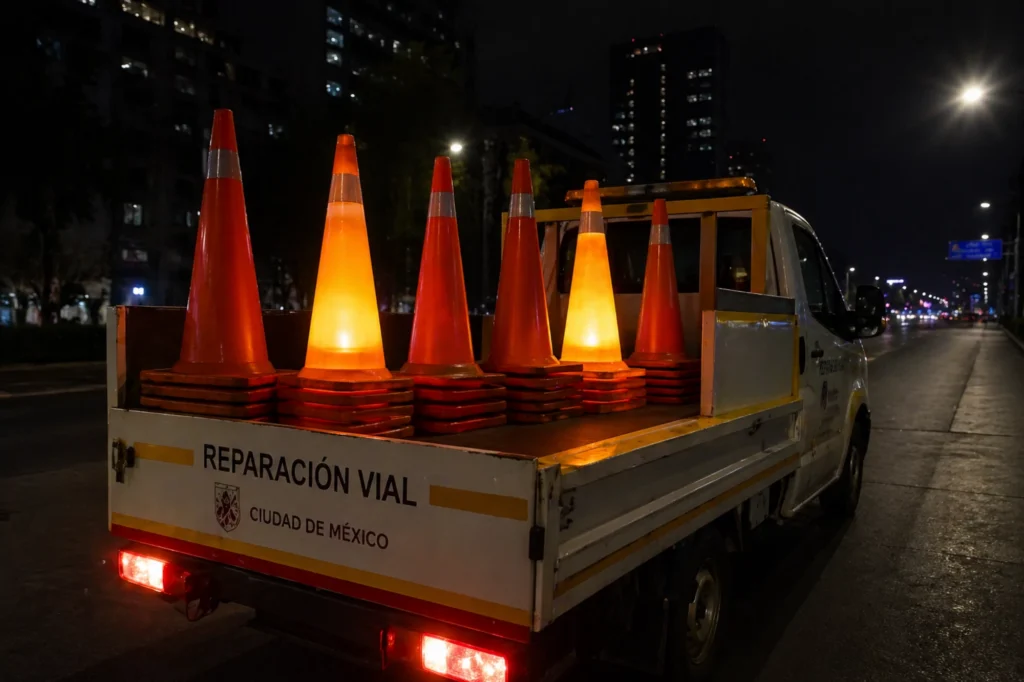 cono 91s con luz LED apilado en camión de reparación vial listo para despliegue en campo