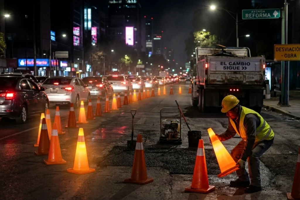 Cono 71 solar utilizado en obra vial nocturna con trabajadores y tráfico activo en avenida principal
