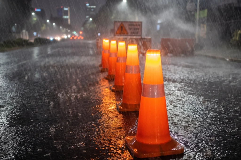 Línea de conos de tráfico viales con iluminación LED en el centro de una calle de ciudad bajo una intensa lluvia de noche, destacando la visibilidad del Cono Lux 75 en mal clima.
