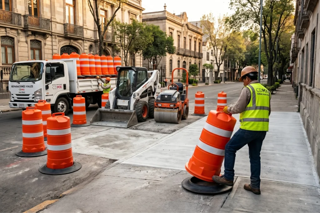 Un trabajador de obras viales de CDMX colocando un trafitambo naranja para delimitar el área de reparación de la calle.