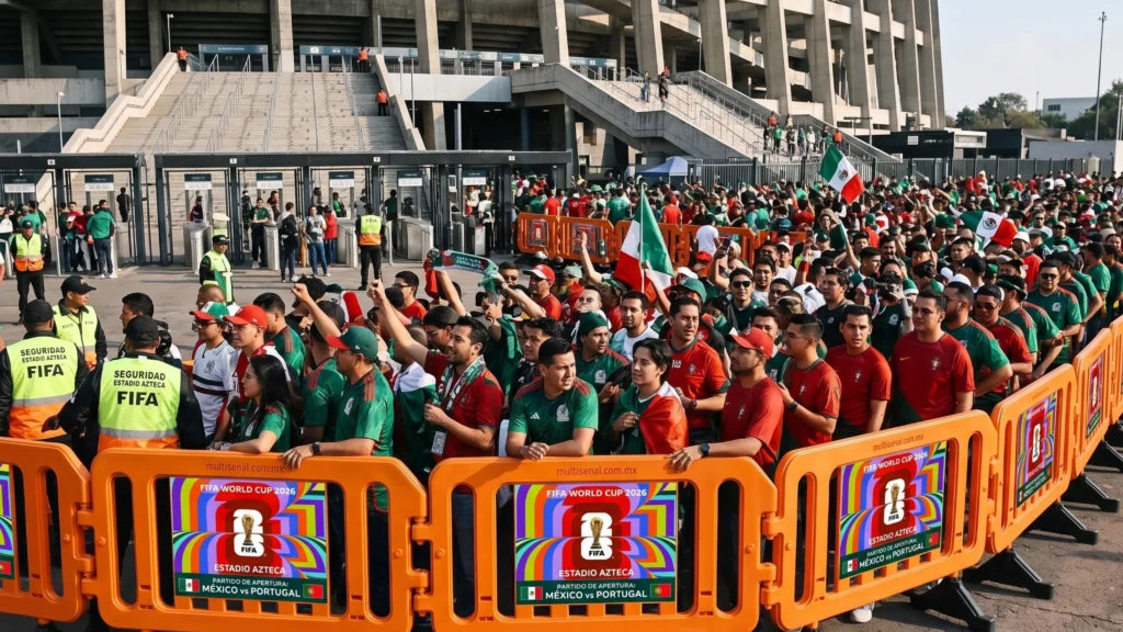 Seguidores de la selección mexicana de fútbol con banderas y camisetas verdes en la entrada del Estadio Azteca, contenidos por barreras para control de multitudes naranjas para la FIFA World Cup 2026 en un evento masivo