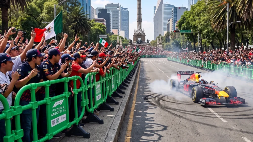 Un auto de Fórmula 1 de Red Bull de color azul oscuro, conducido por un piloto con casco, está realizando un "burnout", produciendo un denso humo de neumáticos blanco sobre el asfalto del Paseo de la Reforma en la Ciudad de México, directamente frente al monumento del "Ángel de la Independencia" y modernos rascacielos. Una multitud masiva de espectadores observa desde detrás de una línea continua de barreras plásticas verdes entrelazadas, animando y sosteniendo banderas mexicanas y teléfonos inteligentes. Esta barrera de control de accesos verde separa de forma segura a los fans de la exhibición de alta velocidad.