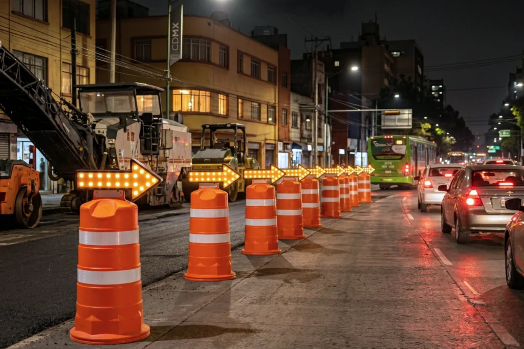 señalizaciones de seguridad con trafitambos con flechas solares guiando el flujo vehicular en obra nocturna en CDMX