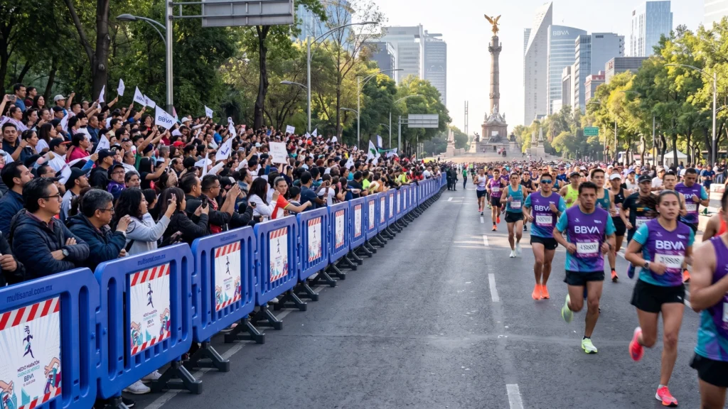 ientos de corredores participando en el Maratón BBVA de la Ciudad de México en Paseo de la Reforma, con espectadores ordenados detrás de una larga hilera de barreras multiusos azules en una concentración multitudinaria.