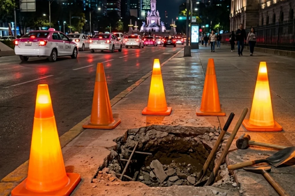 Cono 71 solar delimitando reparación de banqueta en ciudad con iluminación LED para seguridad peatonal