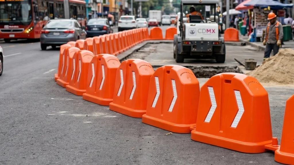 Sistema de barrera anidable en uso en vialidad, facilitando el almacenamiento y reforzando la seguridad en proyectos urbanos