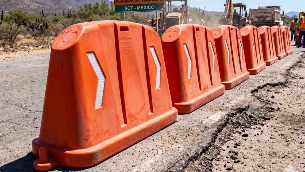Barrera vial anidable Robust 835 en uso durante trabajos carreteros con alta visibilidad y control de tránsito